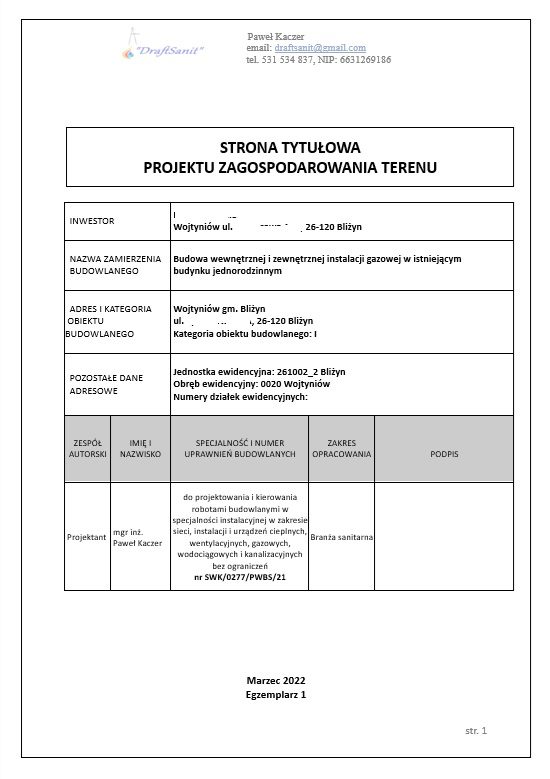 projekt zagospodarowania terenu instalacja gazowa Bliżyn Wojtyniów