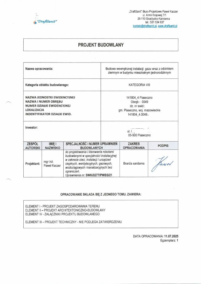 Projekt budowlany instalacji gazowej Piaseczno – DraftSanit