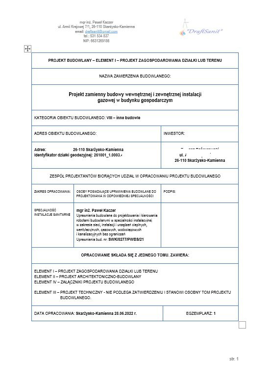 projekt zamienny instalacji gazowej w budynku gospodarczym Skarżysko-Kamienna