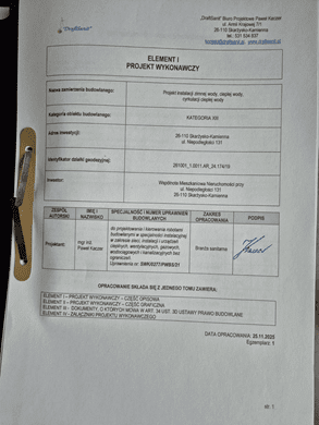 projekt wykonawczy instalacji wod-kan i gazowej Skarżysko-Kamienna