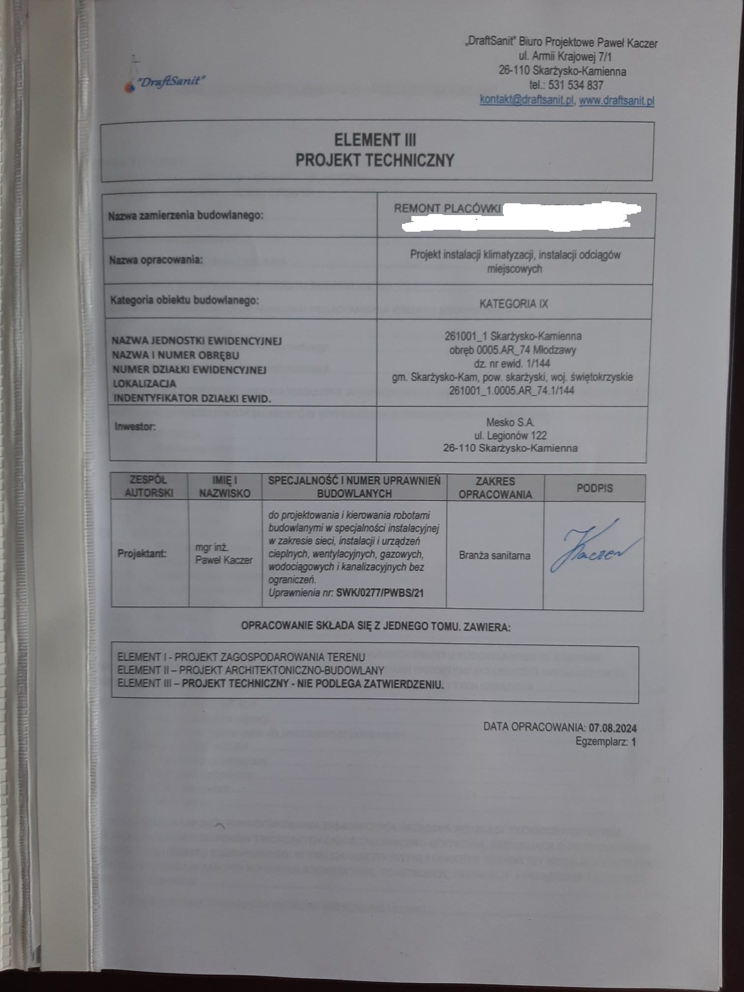 Projekt techniczny instalacji wentylacji i klimatyzacji – mgr inż. Paweł Kaczer DraftSanit