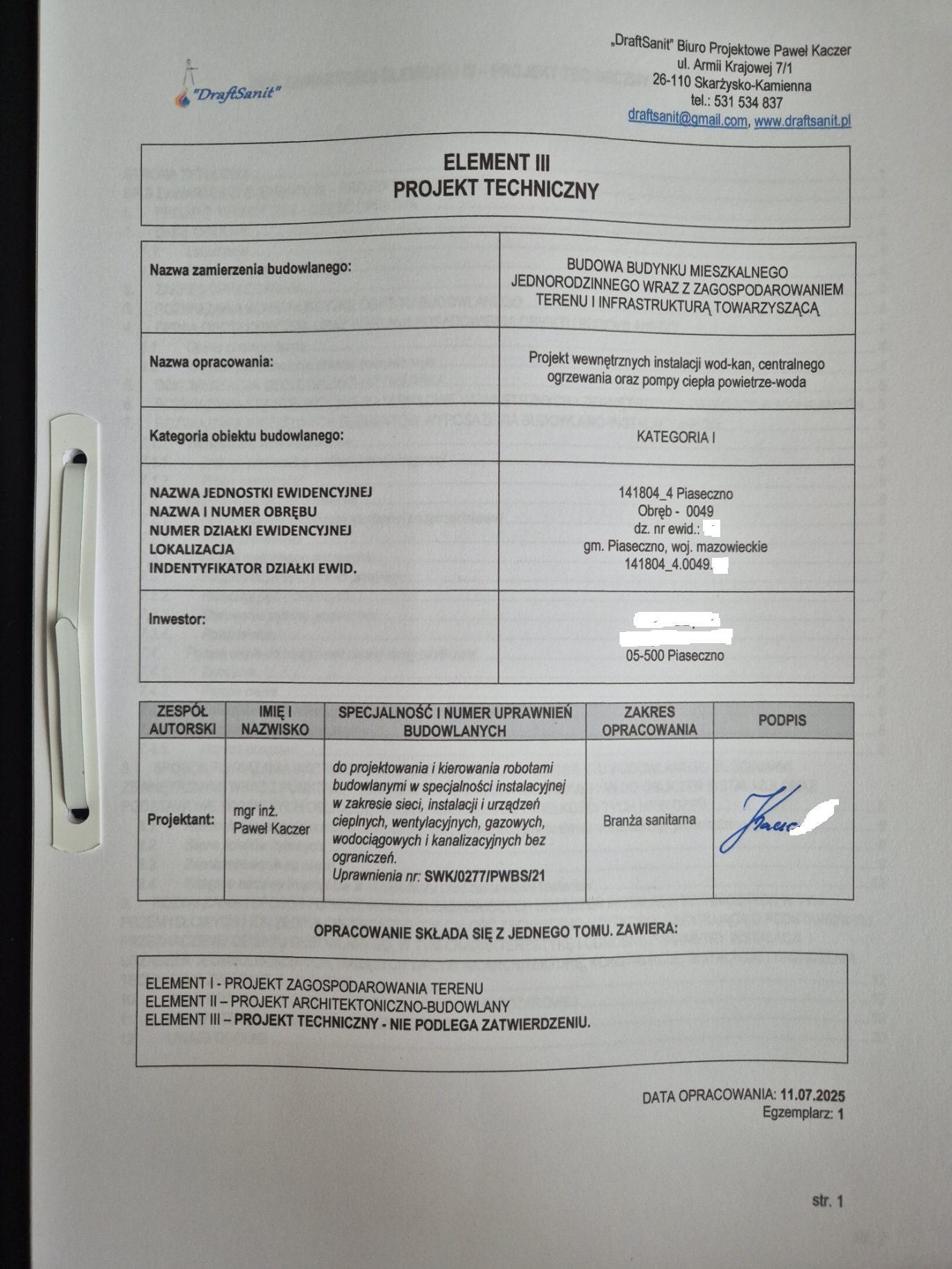 projekt techniczny instalacji wod-kan i pompy ciepła Piaseczno