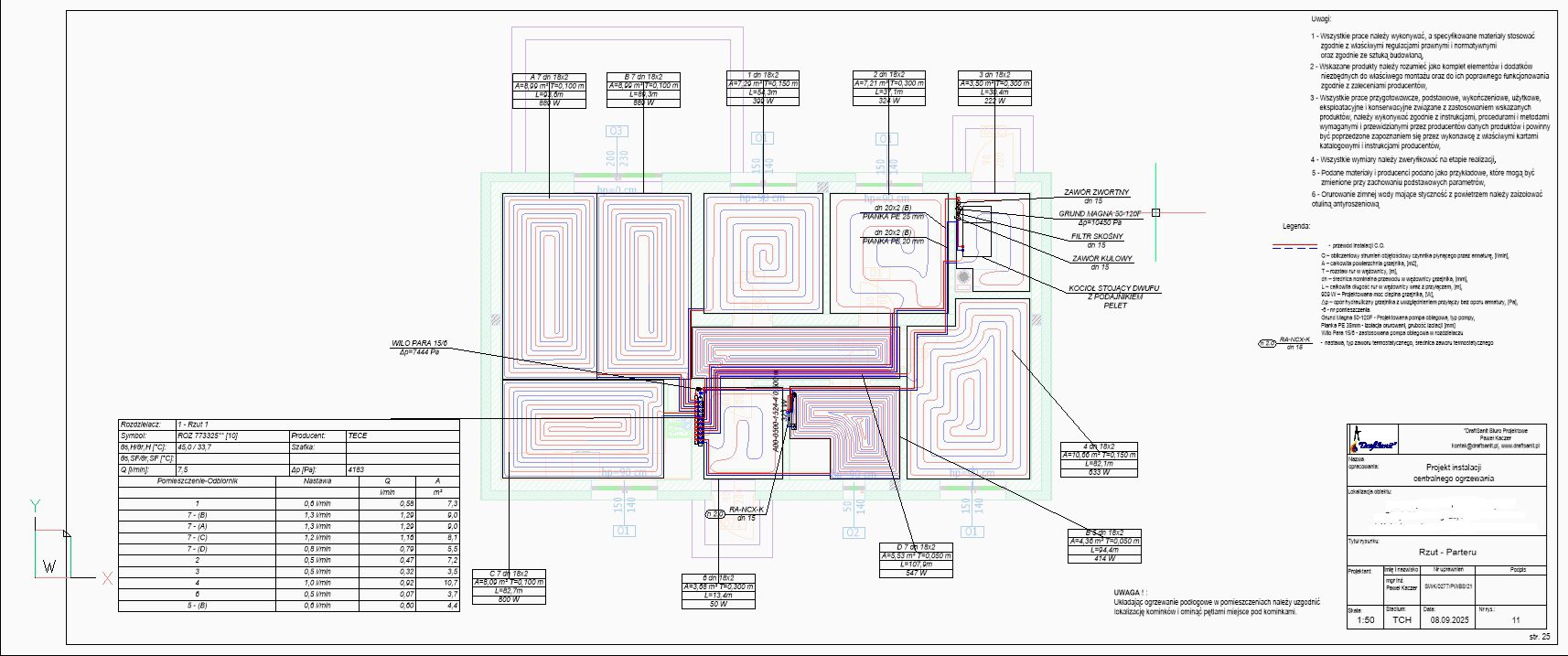 Profesjonalny projekt ogrzewania podłogowego z obliczeniami OZC i tabelą nastaw