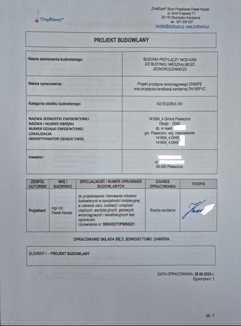 Projekt przyłączy wod-kan Piaseczno – DraftSanit Paweł Kaczor