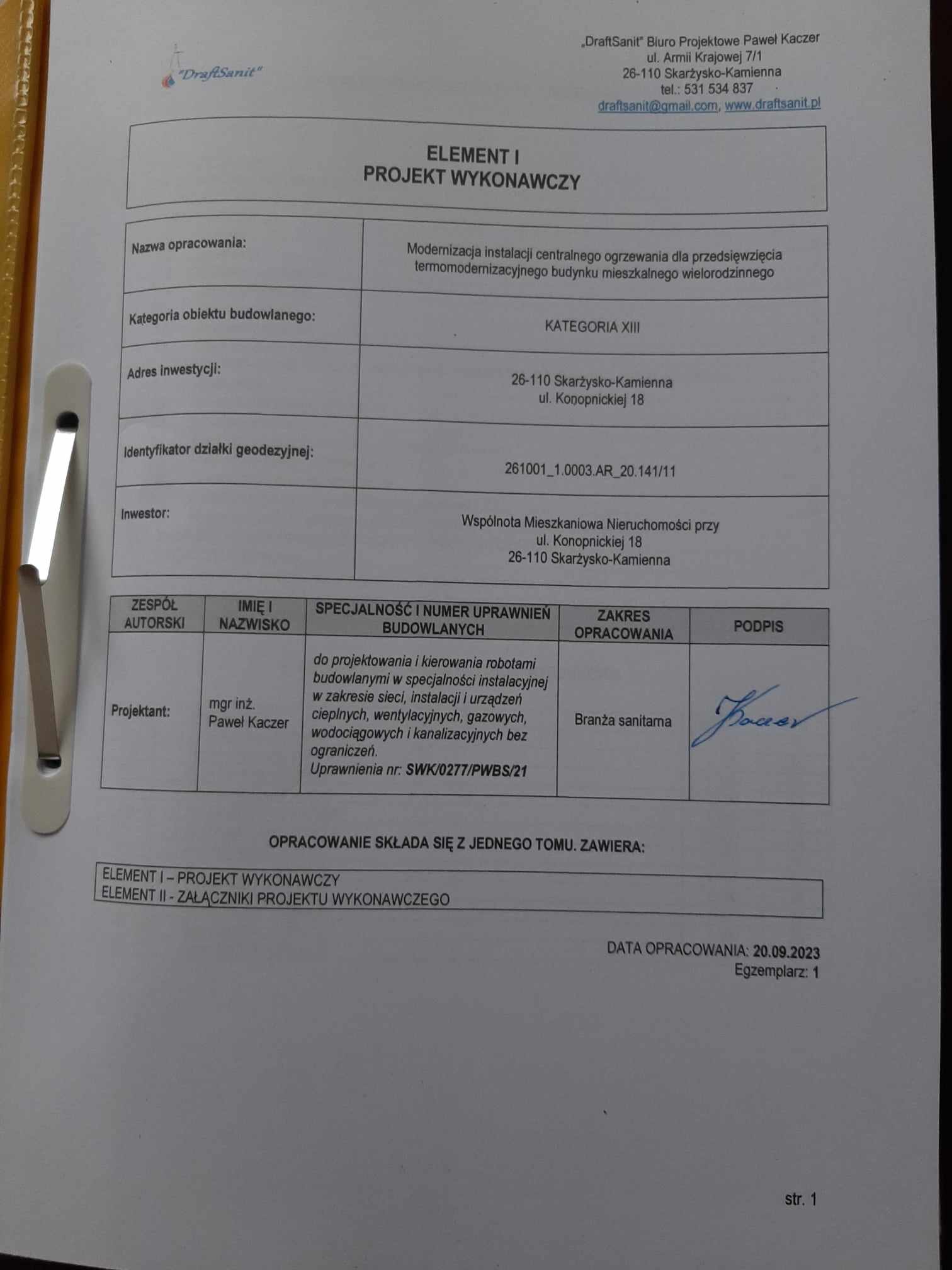 projekt modernizacji instalacji centralnego ogrzewania budynek wielorodzinny Skarżysko-Kamienna