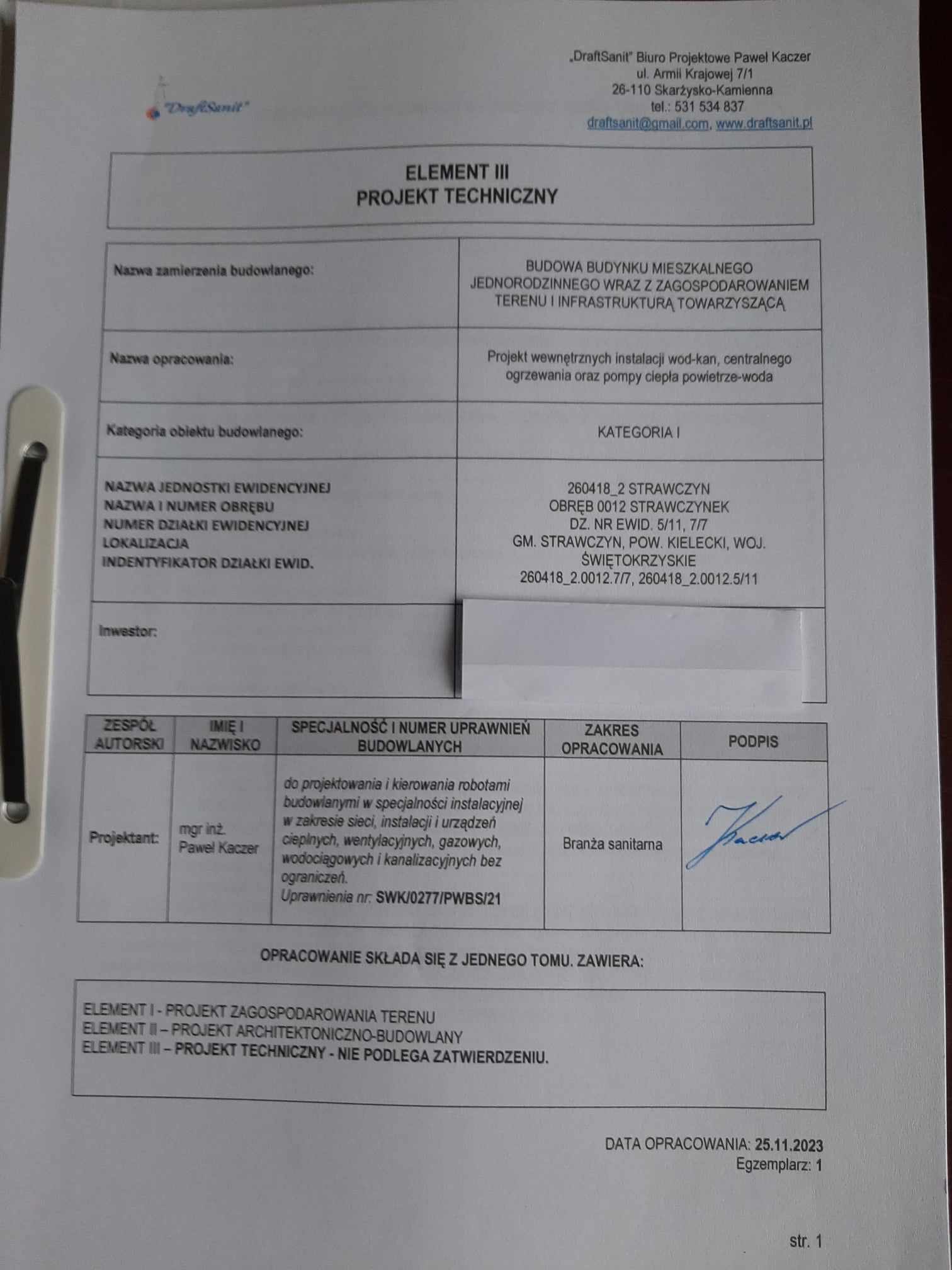 projekt instalacji wod-kan i centralnego ogrzewania pompa ciepła Strawczynek