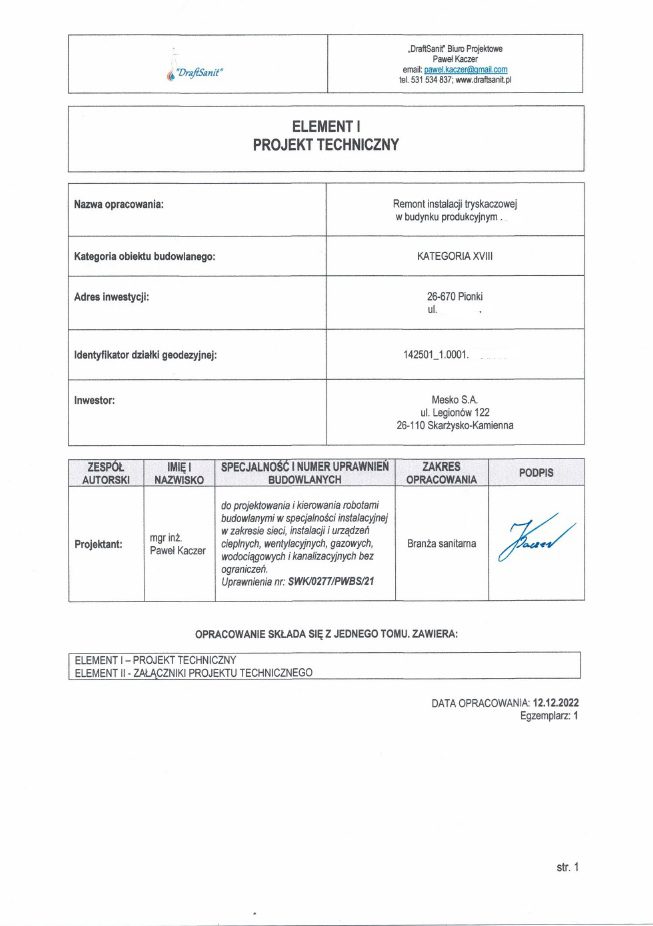 projekt remontu instalacji tryskaczowej Pionki Mesko S.A. ochrona ppoż