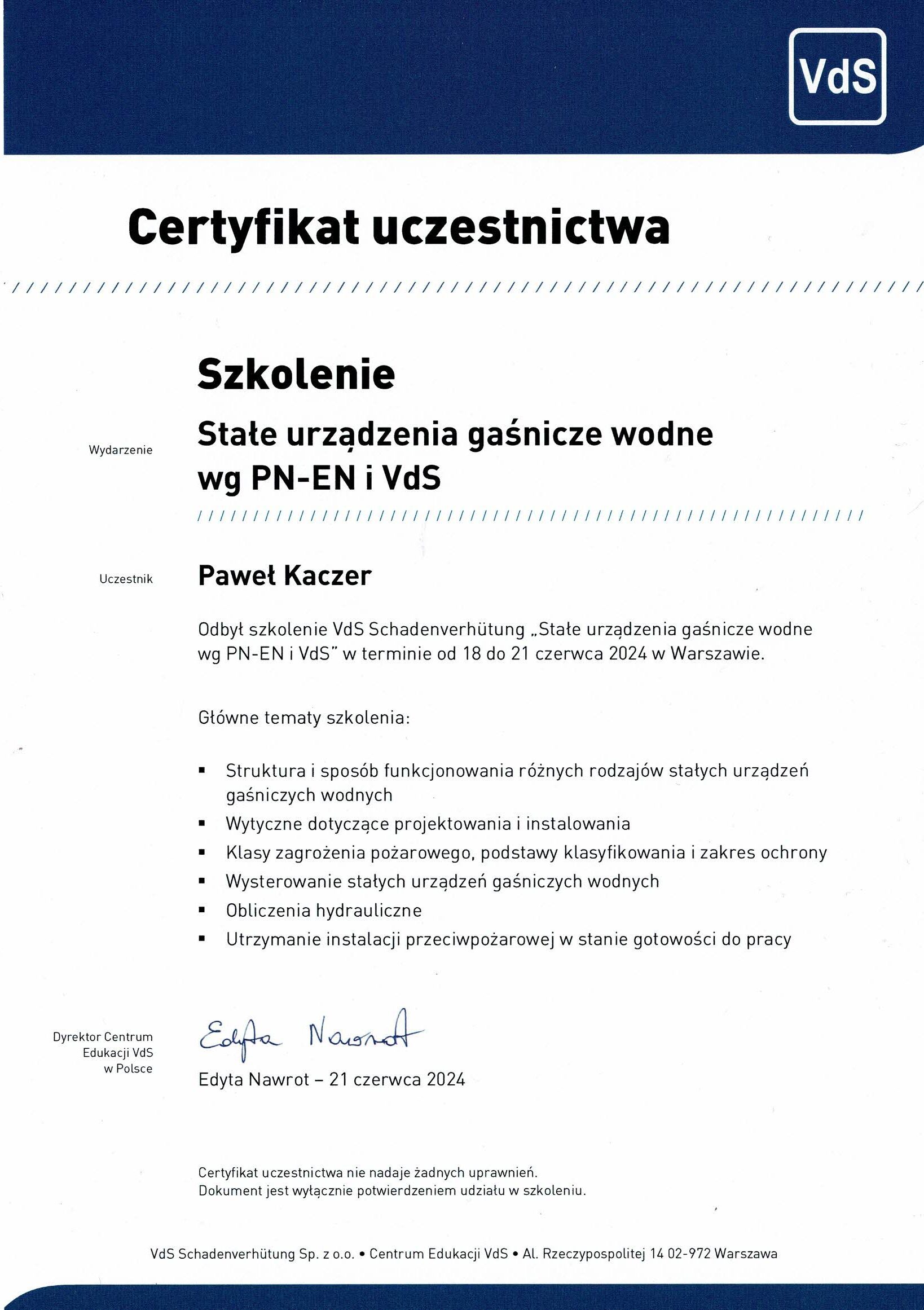 certyfikat VdS projektowanie instalacji tryskaczowych stałe urządzenia gaśnicze SUG Paweł Kaczer