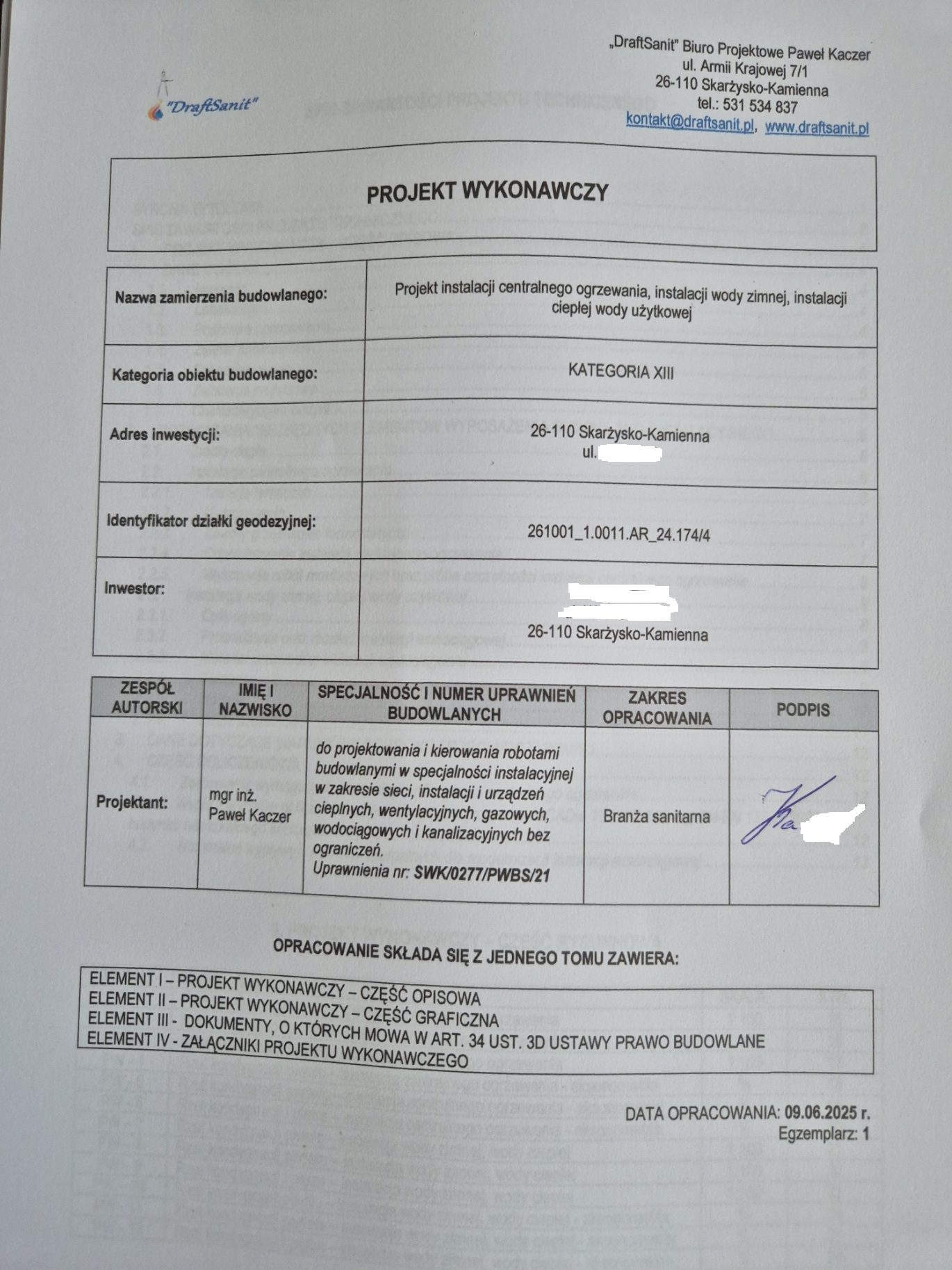 projekt wykonawczy instalacji wod-kan i co Skarżysko ul Zielona