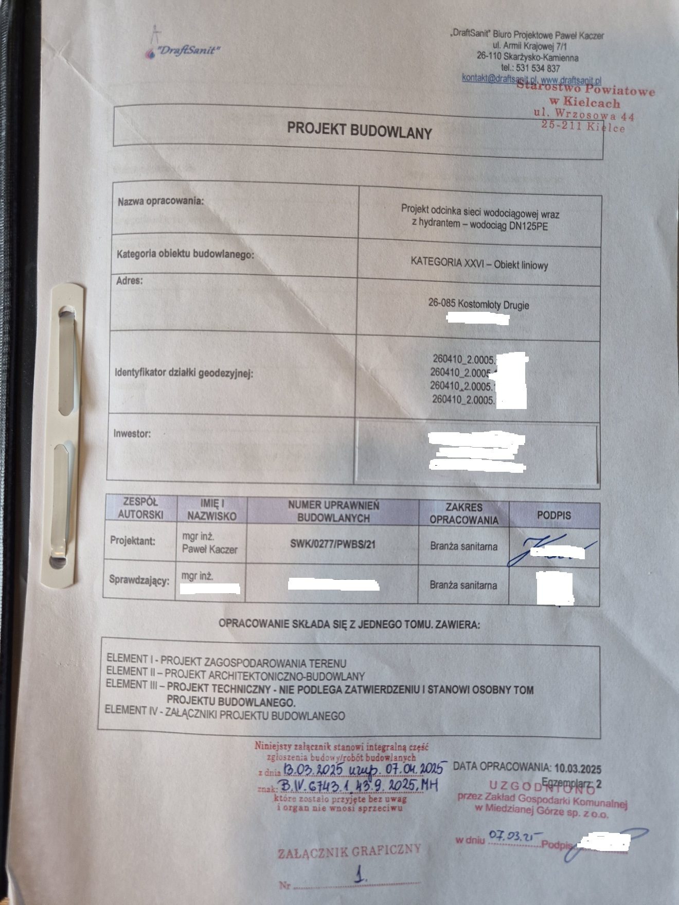 projekt budowlany sieci wodociągowej z hydrantem Kostomłoty Drugie