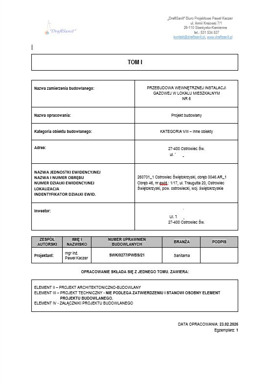 Projekt budowlany instalacji gazowej Ostrowiec Świętokrzyski – DraftSanit