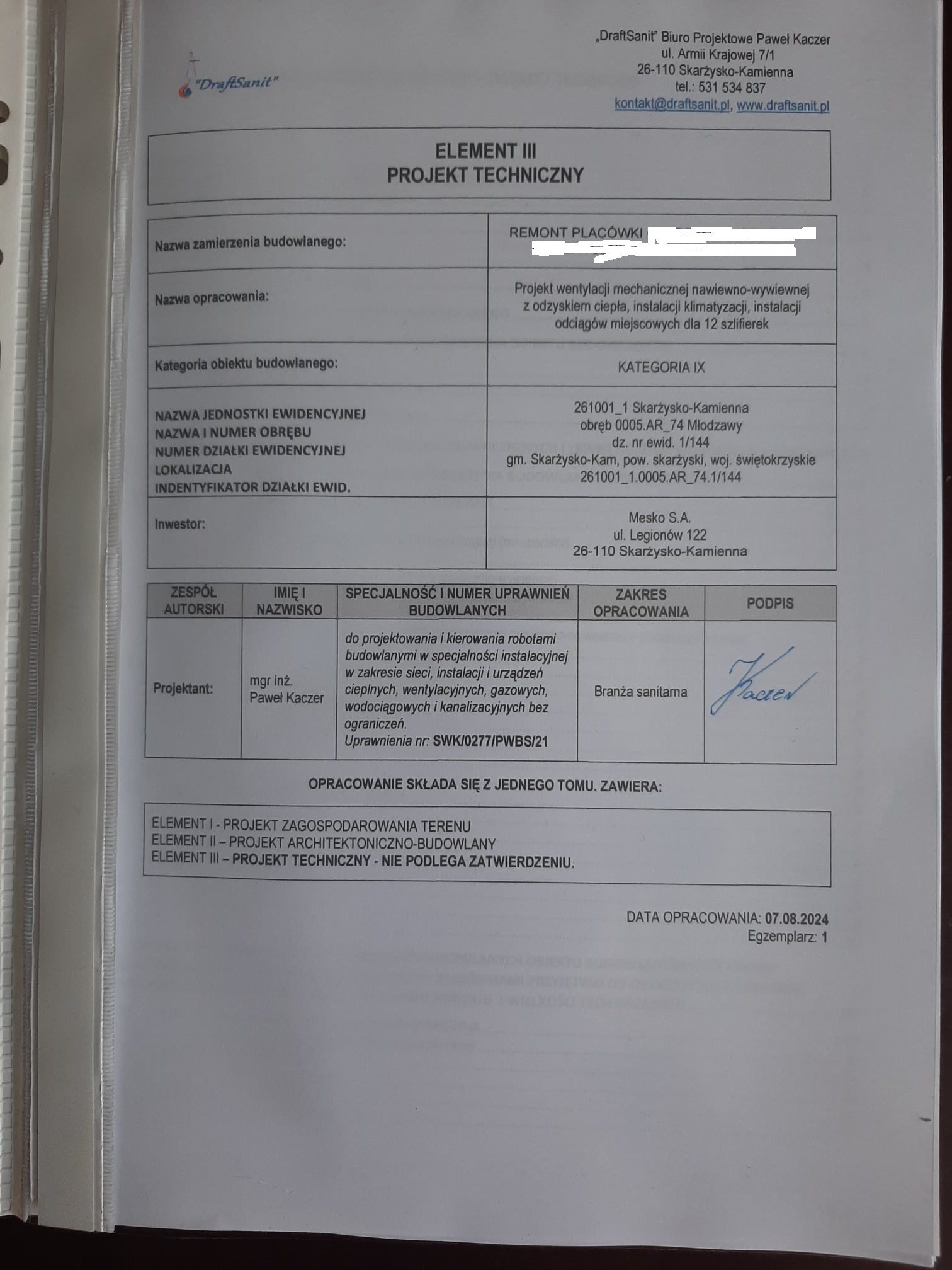 Projekt wentylacji mechanicznej i odciągów stanowiskowych Mesko S.A. – DraftSanit