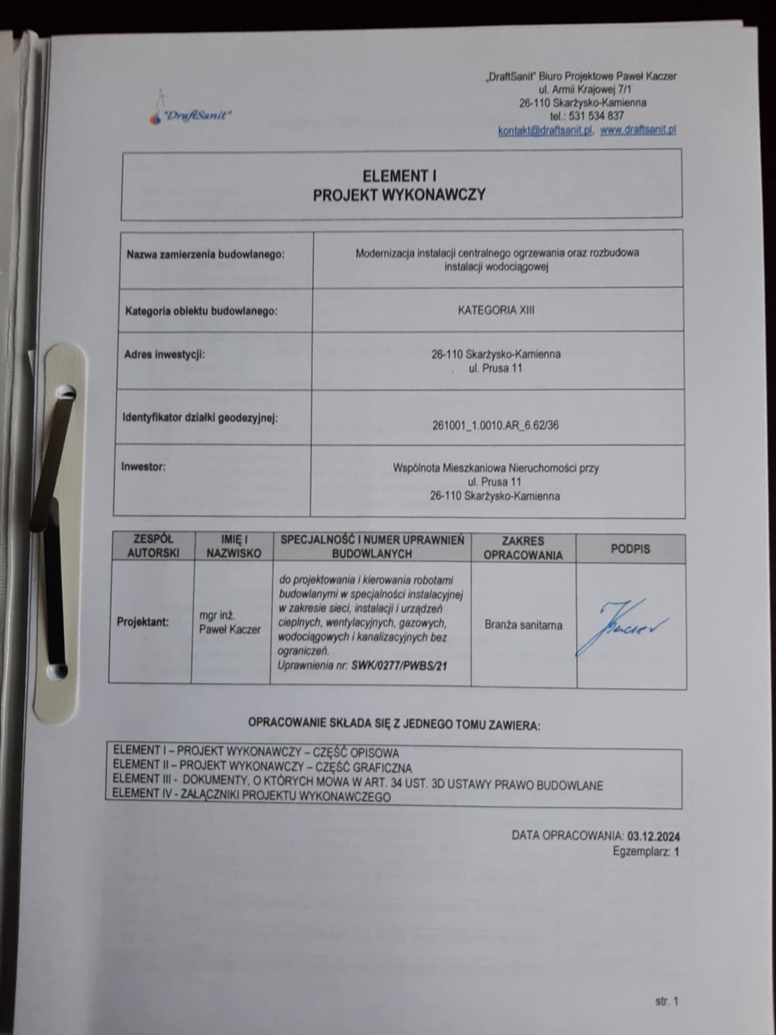 Projekt wykonawczy modernizacji instalacji C.O. i wodociągowej Skarżysko-Kamienna – DraftSanit